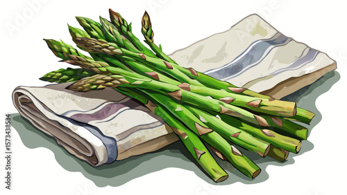 Fresh organic asparagus spears with delicate tips lie across a linen napkin, their slender green stalks and natural gloss perfect for illustrating elegant, seasonal cooking with a touch of rustic 