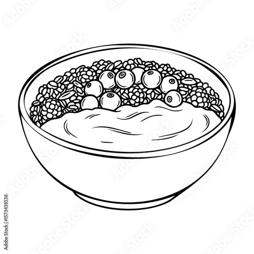 Line art of yogurt bowl with mixed berries and seeds. Vector hand-drawn doodle illustration