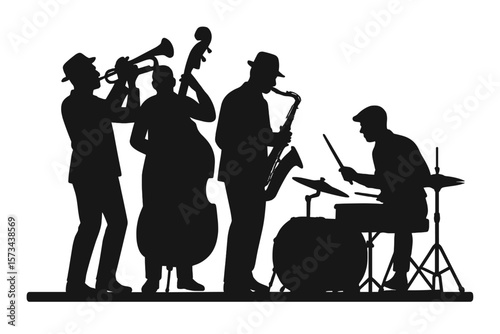 Silhouetted jazz musicians with instruments are shown on stage, set against a plain white background