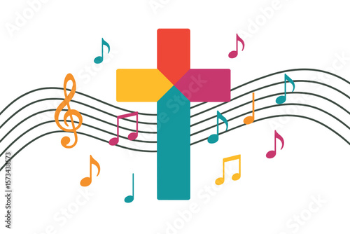 Vector illustration of a creative music style template, featuring a colorful cross with a music staff and notes background, suitable for gospel church music, concerts, choir singing, Christianity