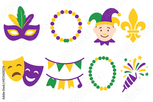 Vector illustration and clip art featuring a collection of Mardi Gras icons, including masks with feathers, beads, jokers, fleur de lis, comedy and tragedy symbols, and party decorations, all in a