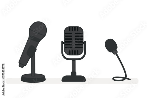 A set of microphones is placed on the counter, including one with a stand, illustrated as a vector on a white background, alongside two others