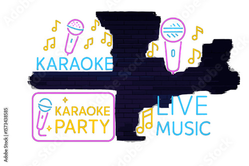 A collection of neon signs for karaoke, including light logos, symbols, and banners, to advertise a vibrant night karaoke bar, party, disco, or nightclub with live music, available as a vector