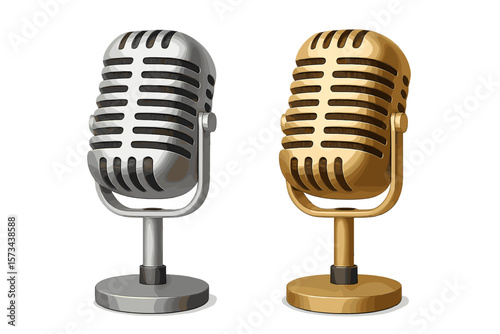 Closeup of a 3D realistic retro steel metal silver and golden concert vocal microphone with stand icon set isolated on a transparent background, serving as a design template for a vintage karaoke