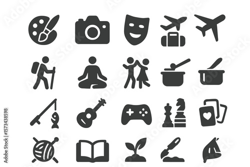 A comprehensive hobby icon set that includes painting, photography, acting, traveling, hiking, yoga, dancing, cooking, fishing, making music, and many other activities in a solid collection