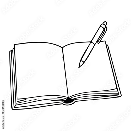 Open notebook with pen on top for writing and note taking. Vector hand-drawn doodle illustration
