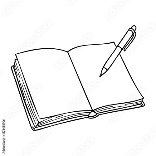 Open blank notebook with pen on blank pages for writing and creativity. Vector hand-drawn doodle illustration