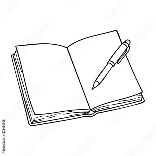 Open book with pen sketch illustration for note taking. Vector hand-drawn doodle illustration