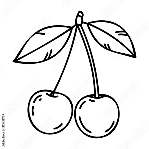 Simple line drawing of two cherries with leaves. Vector hand-drawn doodle illustration