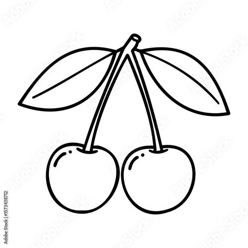Two cherries with leaves icon - simple line drawing of fruit. Vector hand-drawn doodle illustration