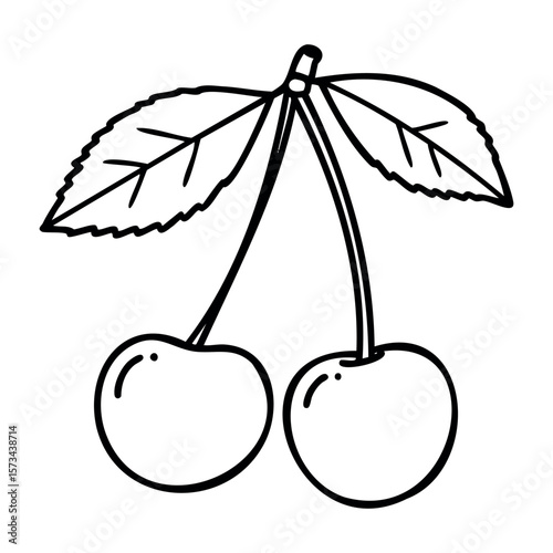 Line art of twin cherries with leaves in simple graphic style. Vector hand-drawn doodle illustration