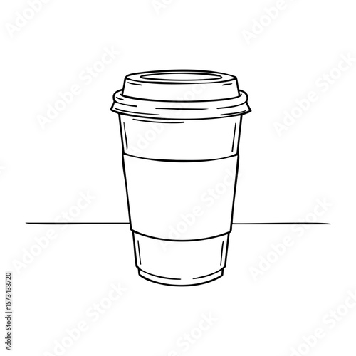 Simple line art of disposable coffee cup with lid and sleeve. Vector hand-drawn doodle illustration