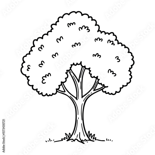 Simple outline of a lush tree with curved branches and leafy canopy. Vector hand-drawn doodle illustration
