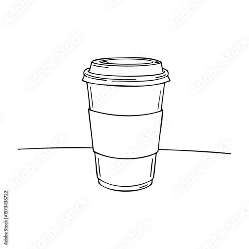 Disposable coffee cup with lid and sleeve line art illustration. Vector hand-drawn doodle illustration