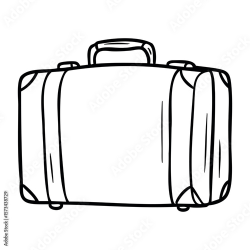 Simple line drawing of a suitcase with handle and straps. Vector hand-drawn doodle illustration