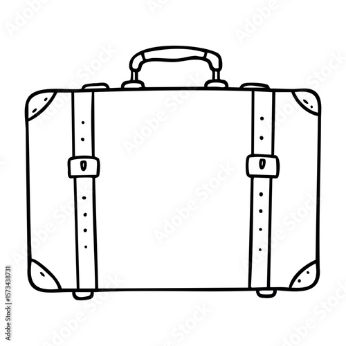 Simple outline of a classic suitcase with straps. Vector hand-drawn doodle illustration