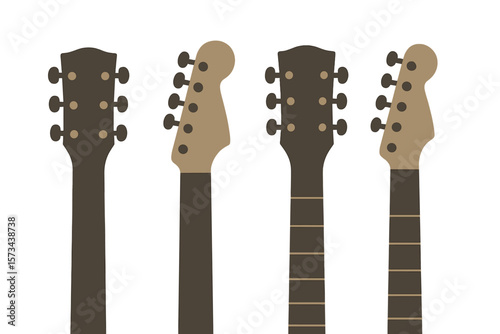 Vector illustration of acoustic and electric guitar neck silhouettes, featuring guitar heads, necks, and pegheads with tuning pegs, symbolizing rock music and guitar culture