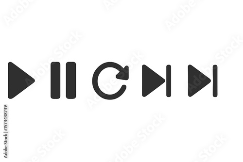 Vector icons for play, pause, replay, previous, and next track are elements designed for a video streaming application