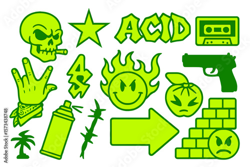 A collection of brutalism, y2k, and gang street elements, featuring acid street forms and objects from the 80s, 90s, and 00s, including street graphic box elements and trendy shapes suitable for