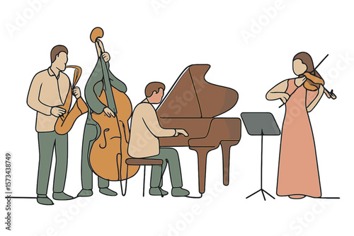 A continuous line drawing depicts a jazz classical music concert performance taking place on the stage