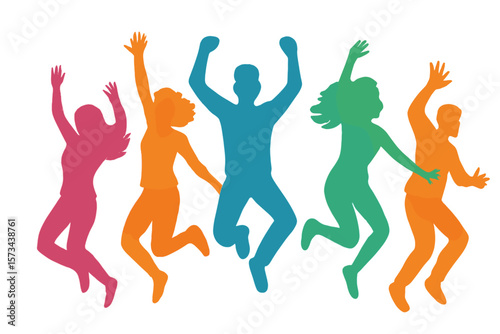 Vector illustration of a colorful and happy group of people jumping in silhouette, featuring a cheerful man and woman isolated on a background of jumping friends having fun while expressive dancing
