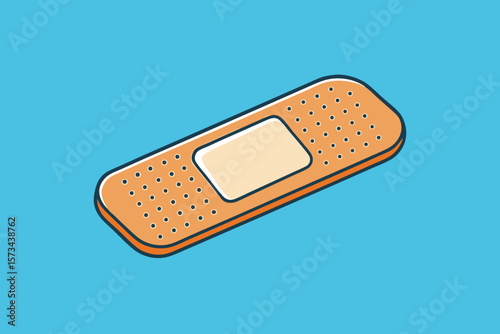 Isometric View of a Light Orange Rectangular Band Aid with a Dotted Pattern and Beige Adhesive Pad on a Light Blue Background