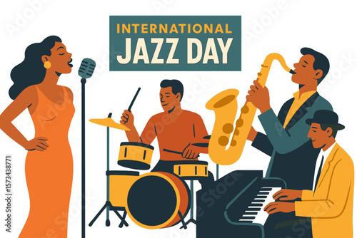Vector illustration of a retro music festival party panorama concert for International Jazz Day, featuring a live music band with a woman singer and musicians playing musical instruments including