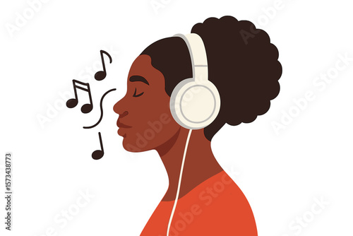 A young African woman is depicted in a vector flat illustration as a musician avatar listening to music on headphones for music therapy in a side view profile