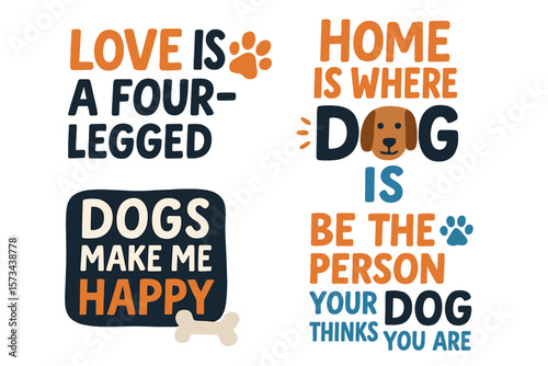 Hand-drawn vector illustrations featuring humorous phrases and inspirational quotes about dogs, suitable for posters, t-shirts, cards, invitations, and stickers