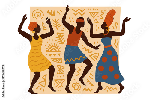 People dancing on an ethnic background featuring African motifs