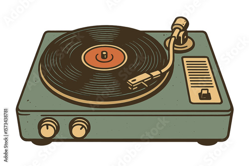 A colorful illustration of a vintage vinyl recorder or turntable