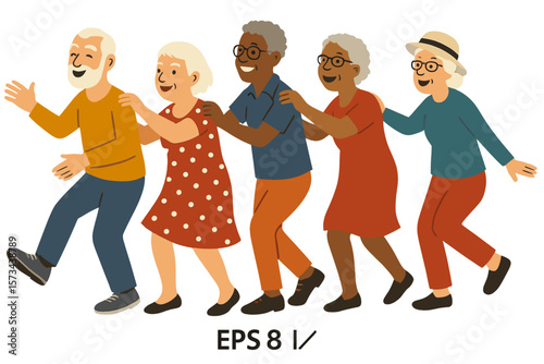Illustration of a diverse group of active senior people in a conga line, created as an EPS 8 vector with no transparencies