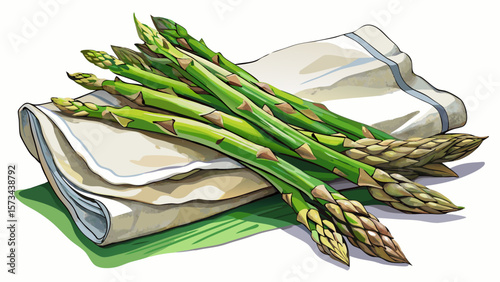 Fresh organic asparagus spears with delicate tips lie across a linen napkin, their slender green stalks and natural gloss perfect for illustrating elegant, seasonal cooking with a touch of rustic 