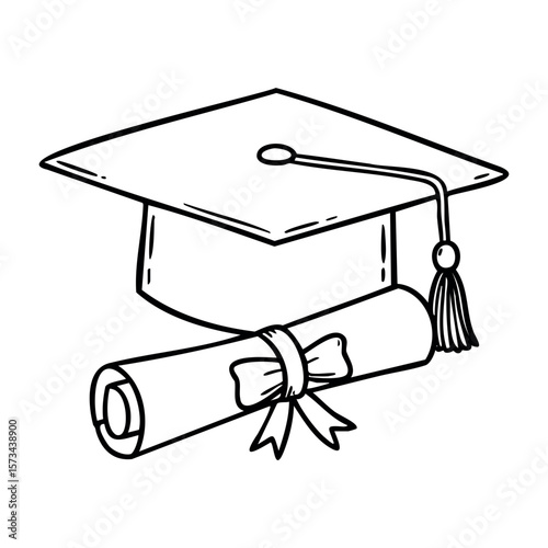 Graduation cap and diploma with tassel illustration sketch. Vector hand-drawn doodle illustration