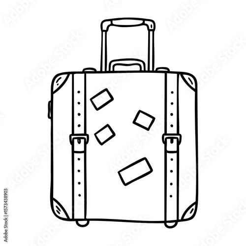 Travel suitcase with stickers and telescopic handle drawing. Vector hand-drawn doodle illustration