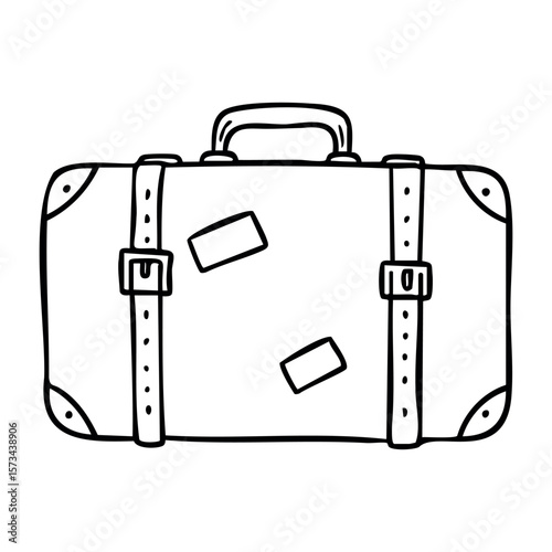 Vintage suitcase drawing with travel stickers. Vector hand-drawn doodle illustration