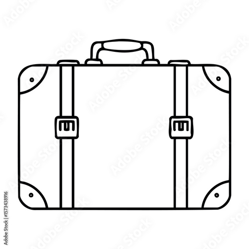 Classic vintage suitcase with handle and straps in line art style. Vector hand-drawn doodle illustration