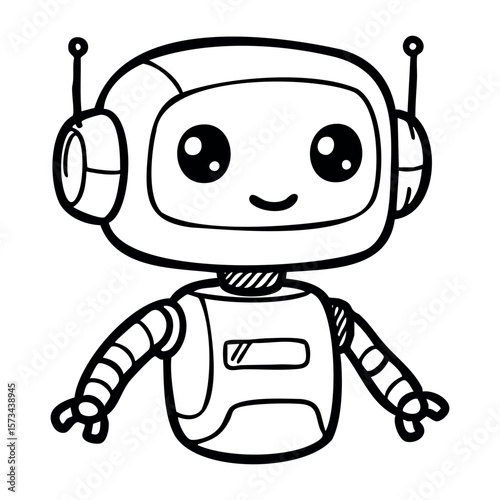 Cute smiling cartoon robot with antennas and rounded arms. Vector hand-drawn doodle illustration