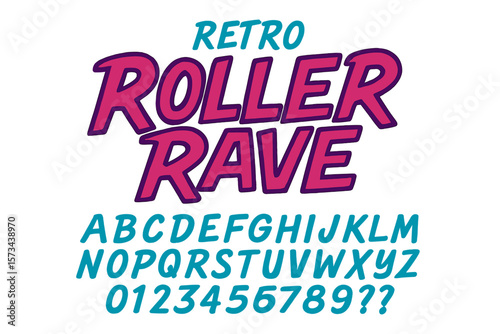 A handwritten, 80s-style type font and cyberpunk alphabet, dubbed Retro Roller Rave, featuring vector and hand-drawn lettering, suitable for print tee and poster design with a vintage grunge