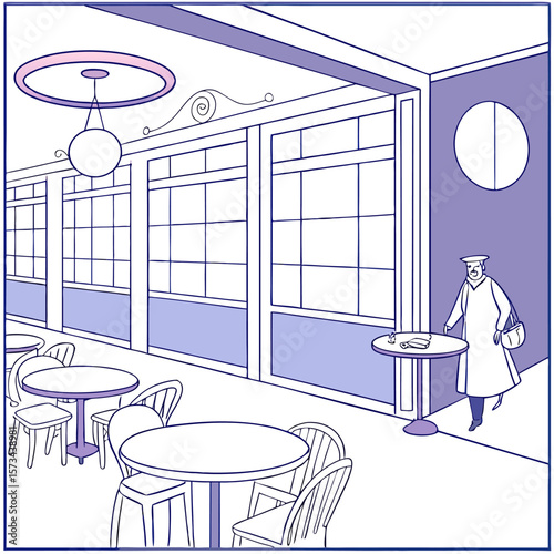 A lone figure in a long coat and hat enters a cafe with empty tables and chairs large windows and a decorative ceiling lamp
