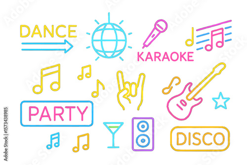 Vector retro night club set including neon party icons, dance music karaoke light signs, glowing concert banner and rock bar disco poster