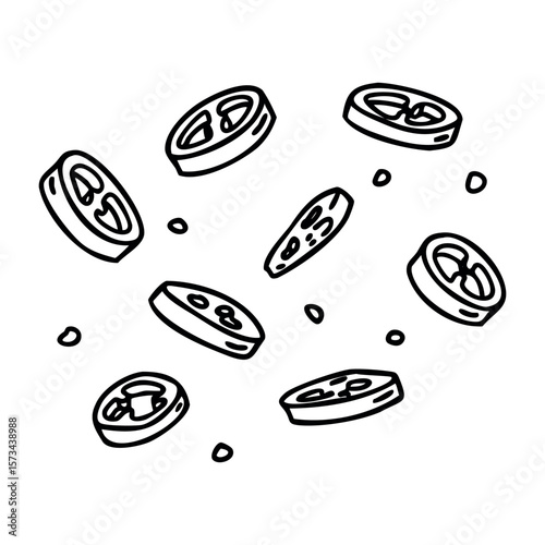 Hand-drawn pizza toppings and slices floating in the air. Vector hand-drawn doodle illustration