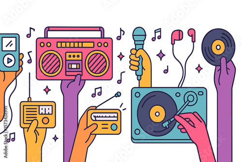 Vector illustration in line art style depicting a vibrant horizontal banner featuring hands and various music devices including a player, boombox, radio, microphone, earphones, turntable, and vinyl