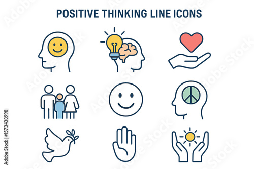 Collection of positive thinking line icons, including psychology, charity, family, happiness, and peace symbols, presented as a UI icon set with thin outline icons in a vector illustration EPS10