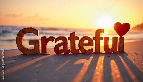 Grateful Heart bold and colorful text on sandy beach at sunrise  