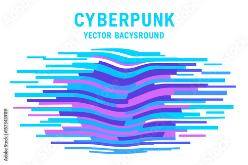 Trendy design template featuring a cyberpunk vector background with horizontal distorted lines and an optical illusion wave, incorporating a glitch distortion effect