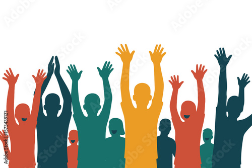Silhouettes of cheerful crowd and people with applause, associated with concert, party, funny cheering, sports fans, in isolated vector form