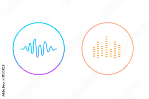 Vector illustrations of sound waves and audio equalizers, including neon circles and glow effects, representing music and voice assistants, along with soundwave symbols for voice recognition apps and