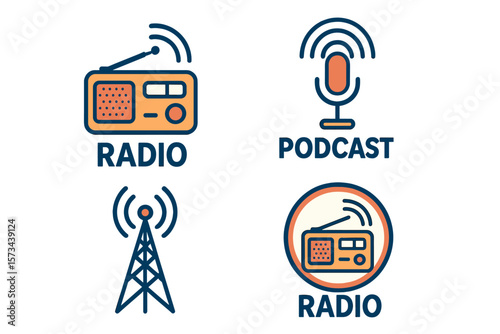 Collection of vector radio station symbols, including podcast towers, wireless badges, and a radio logo, forming a wireless radio station emblem illustration