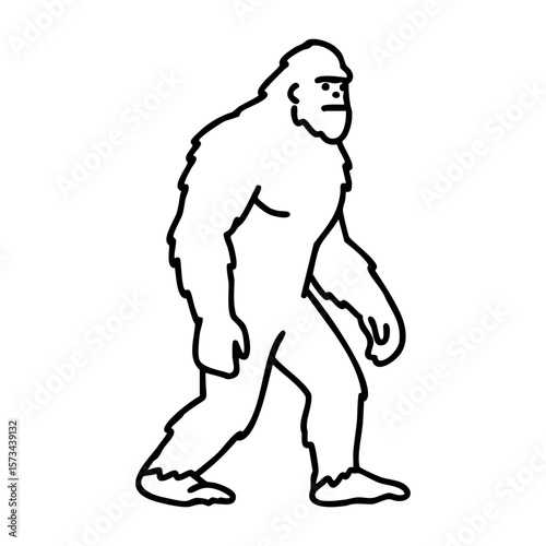 Silhouette of yeti in walking pose with minimalistic outline style. Vector hand-drawn doodle illustration